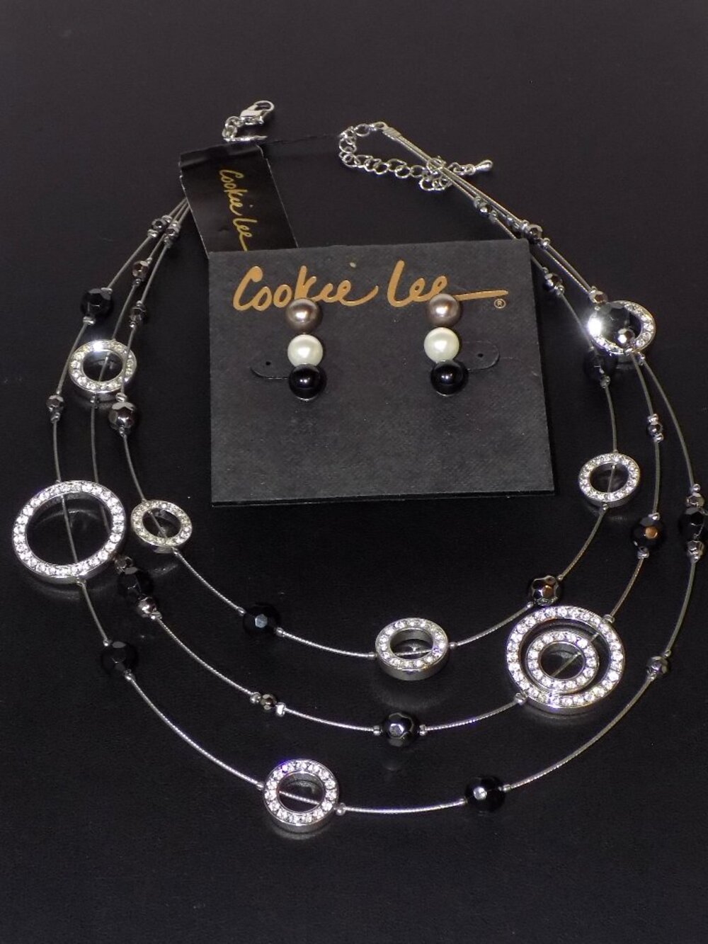 New Cookie Lee 3-Tier Crystal Rings Necklace & 3 Pairs Glass Pearl Studs